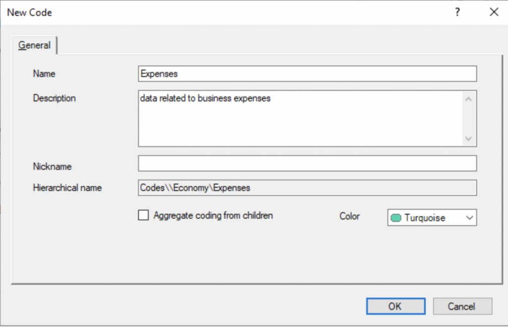 The dialogue box for creating a new code in NVivo