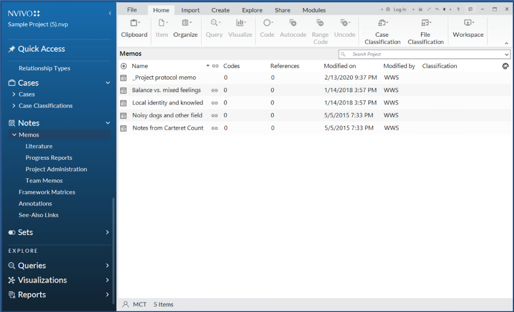 The interface for viewing memos in NVivo 