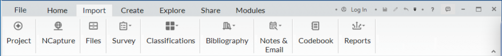The import tab in NVivo where one can select types of data to import via a wizard 