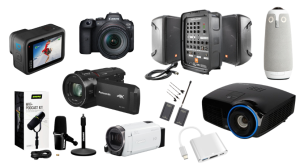 colage image of video cameras, pa system, microphones, projectors, and OWL conference camera