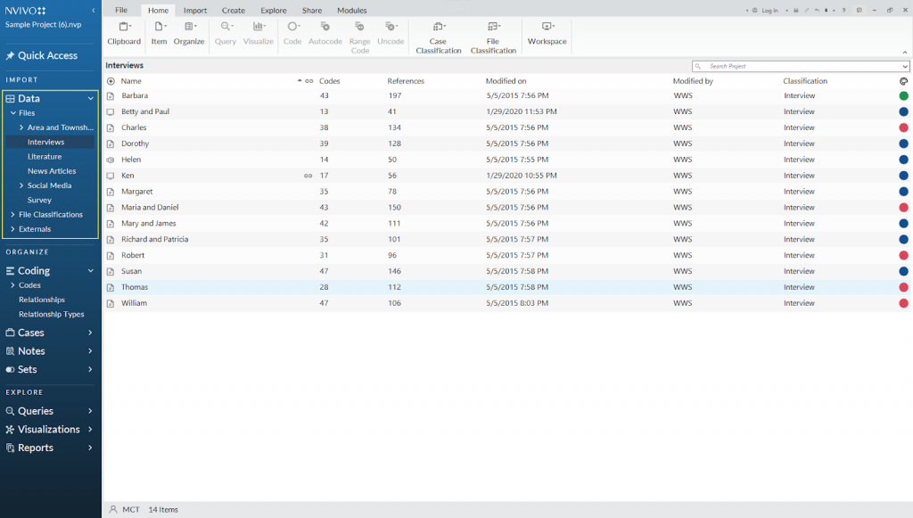 The data organization interface in NVivo