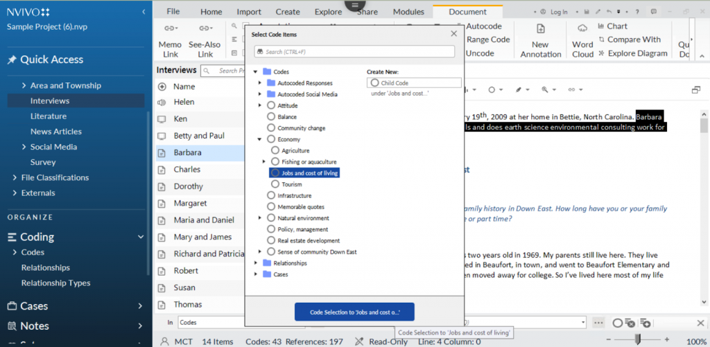 Selecting a code to apply to highlighted text in NVivo