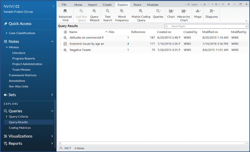 Interface showing saved queries in NVivo