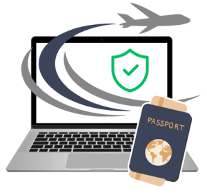laptop icon with green checkmark surrounded by images of passport, plane tickets, and airplane flying