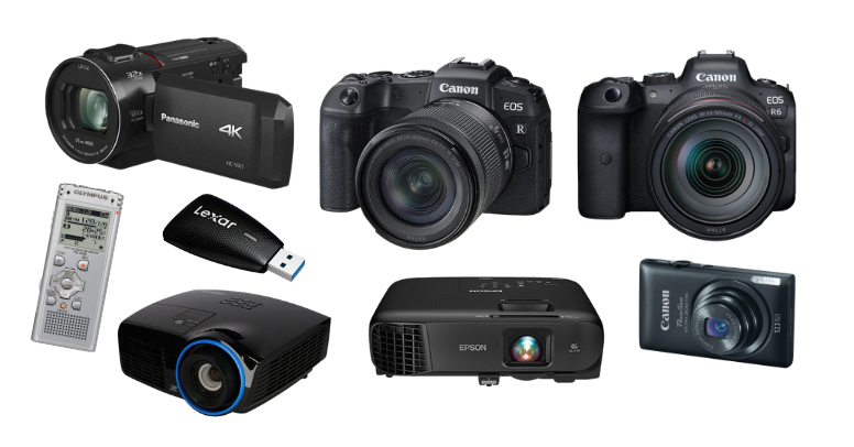 image collage of video camera, digital cameras, projectors, voice recorder, and SD card reader