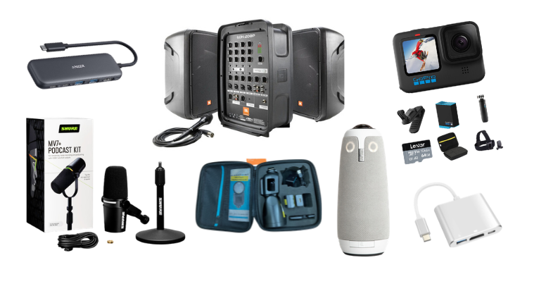image collage of cable adpaters, mic kits, go pro video kit, a PA system, OWL conference camera, and flash kit